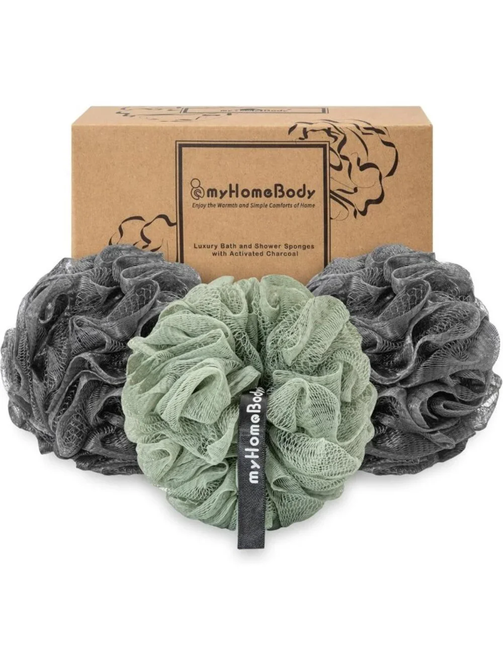 Exfoliating Shower Pouf 3-Pack - Charcoal & Sage Green Loofah Sponge Set for